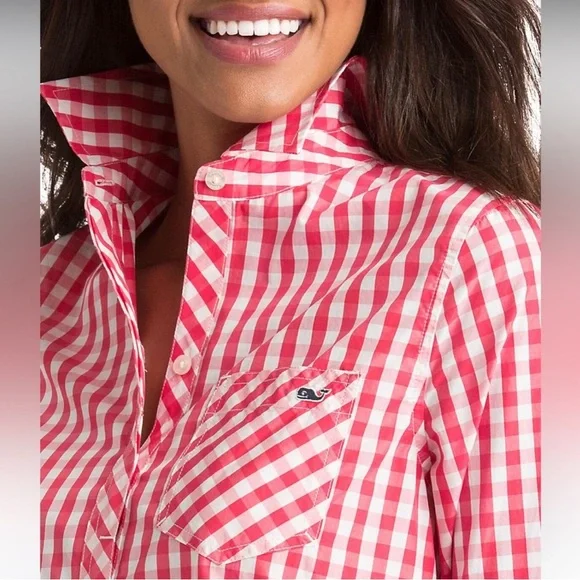 VINEYARD VINES Relaxed Gingham Pocket Button-up Shirt in Red Womens Size 2 - Picture 3 of 7